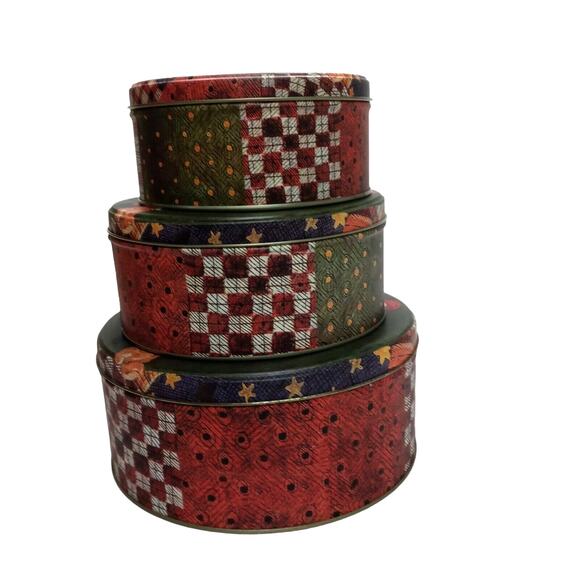 🎅 🏁Vtg Santa Nesting Tins Set of 3 Plaid Christmas Cookie Storage Farmhouse 🎁 - Picture 15 of 16